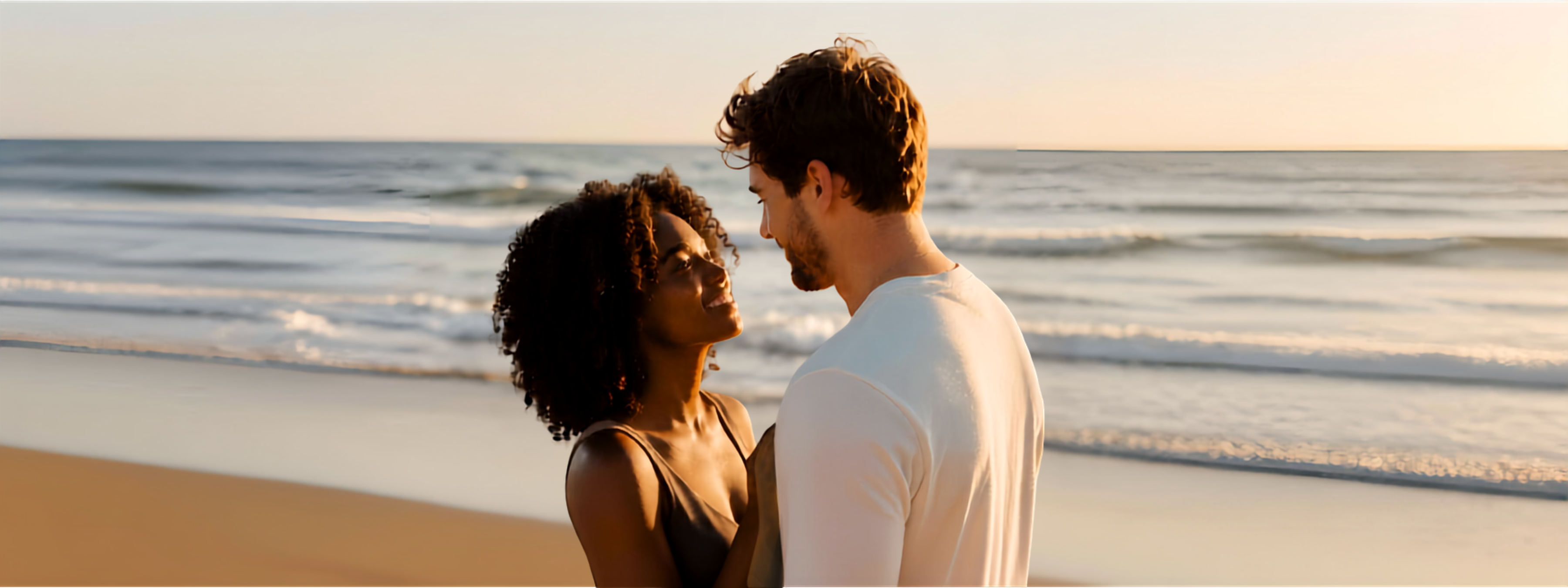 A couple embracing on a beach at golden hour
