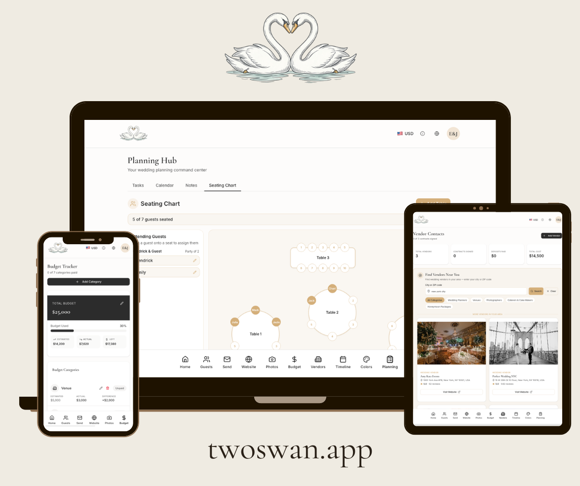 Planning hub with seating chart, budget tracker and vendor directory