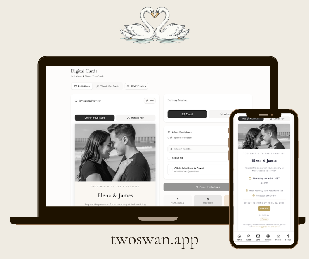 Digital wedding invitation with delivery options and recipient selection