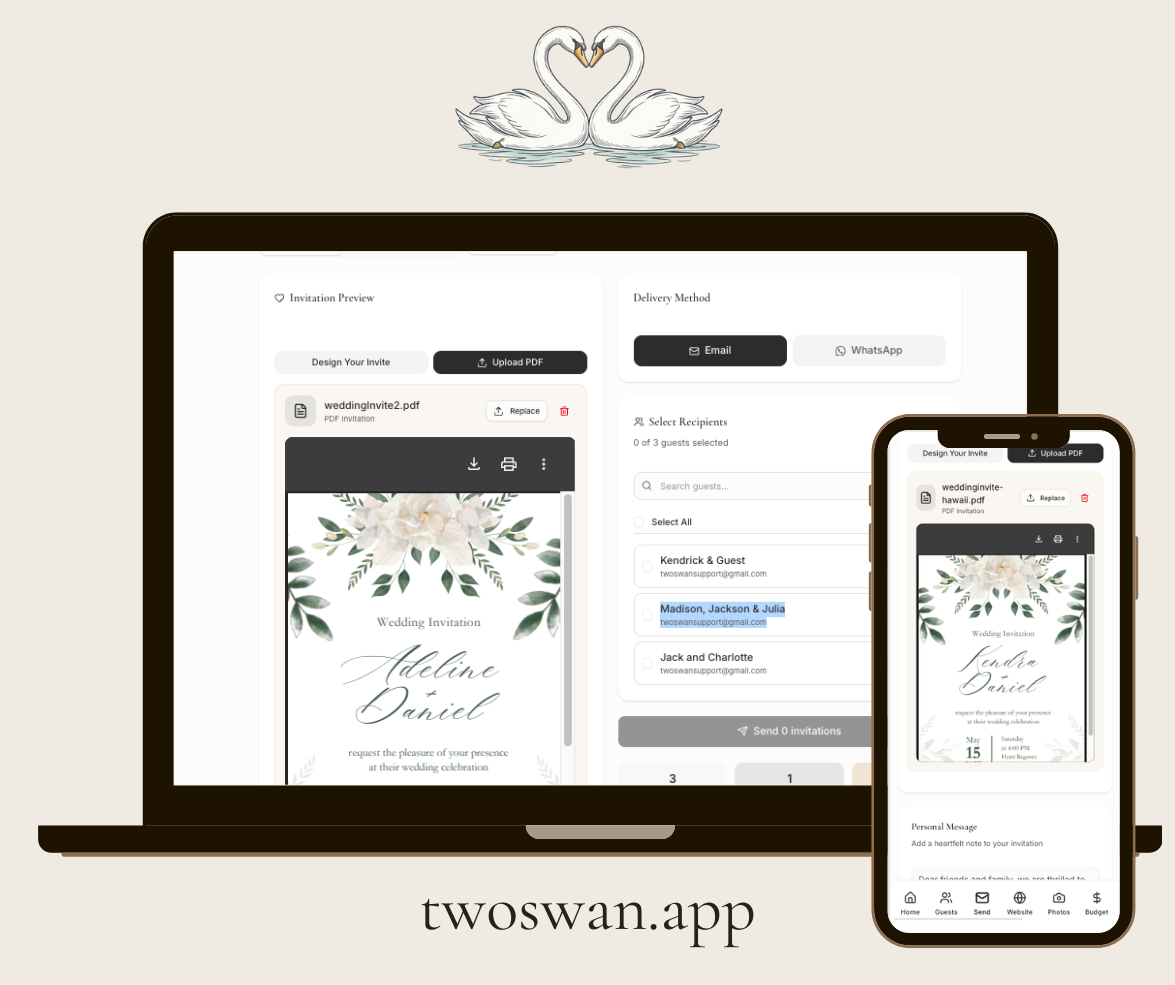 Uploaded PDF wedding invitation being sent through the RSVP flow