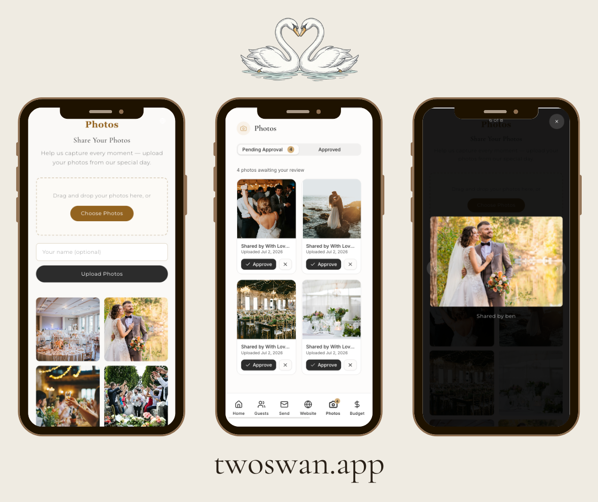 Guest photo gallery with upload, approval and lightbox views