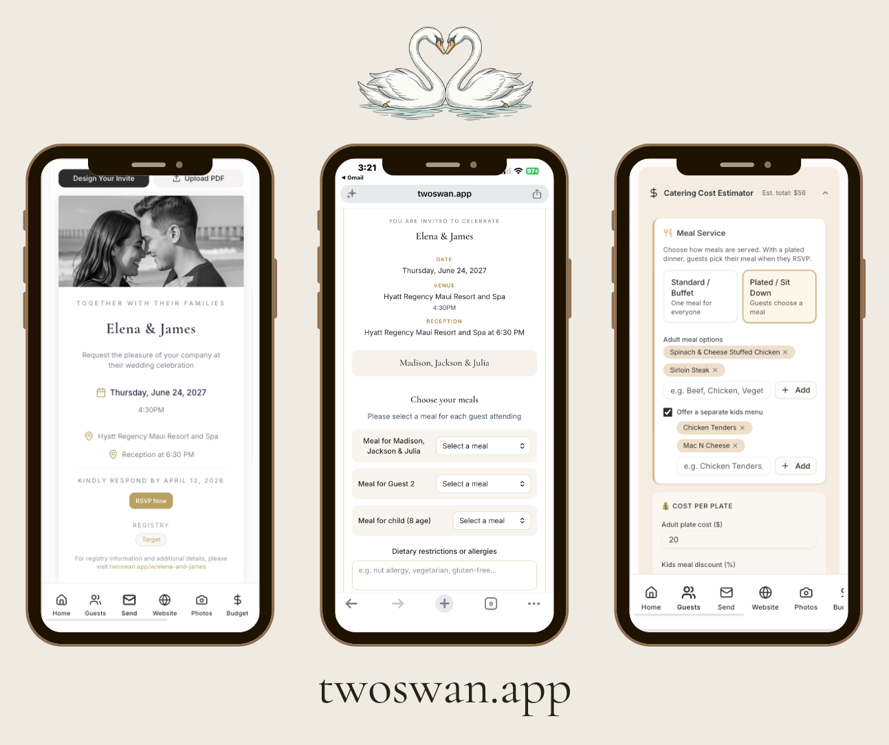 RSVP meal selection and catering cost estimator