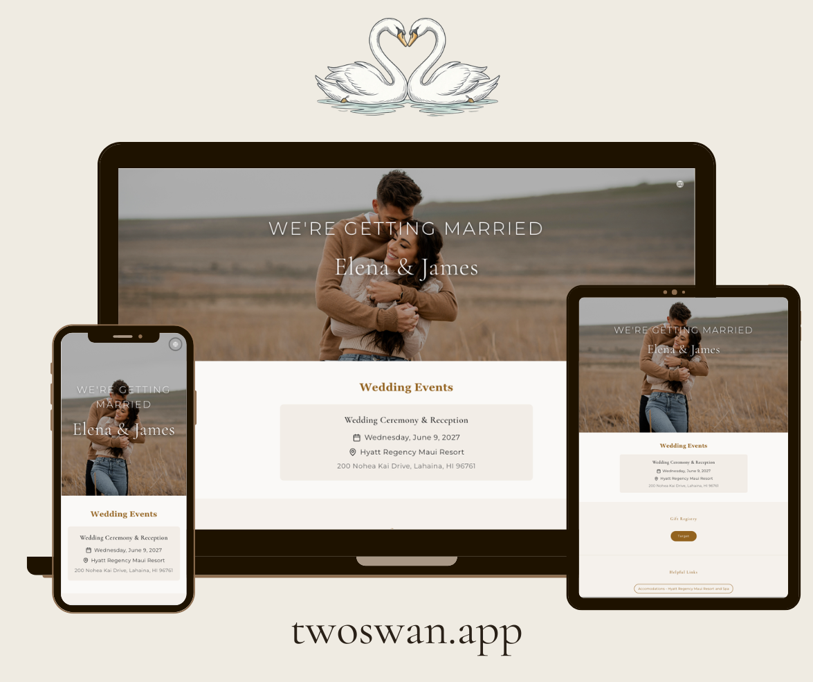 Personalized wedding website shown across desktop, mobile and tablet